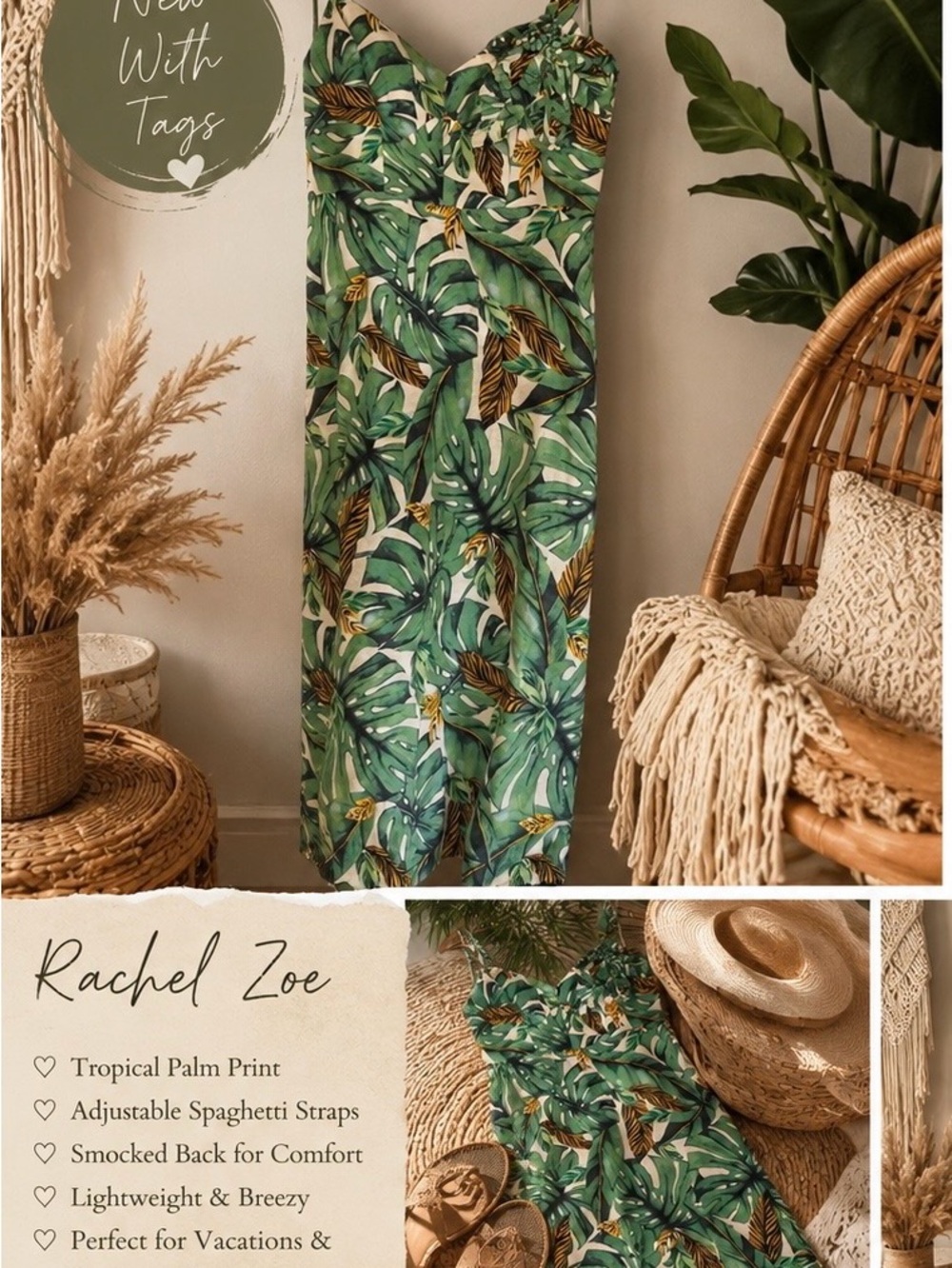 Rachel Zoe Green Tropical Palm Print Maxi Dress with Botanical Leaves